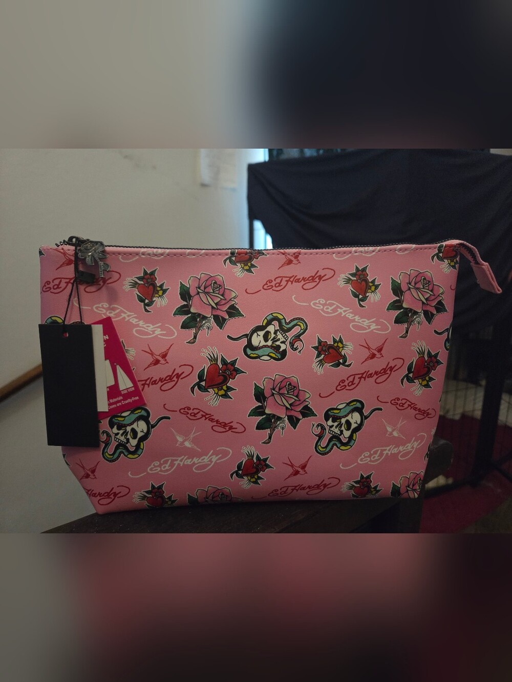 Ed Hardy Pink Tattoo-Print Women's Cosmetic Bag NWT